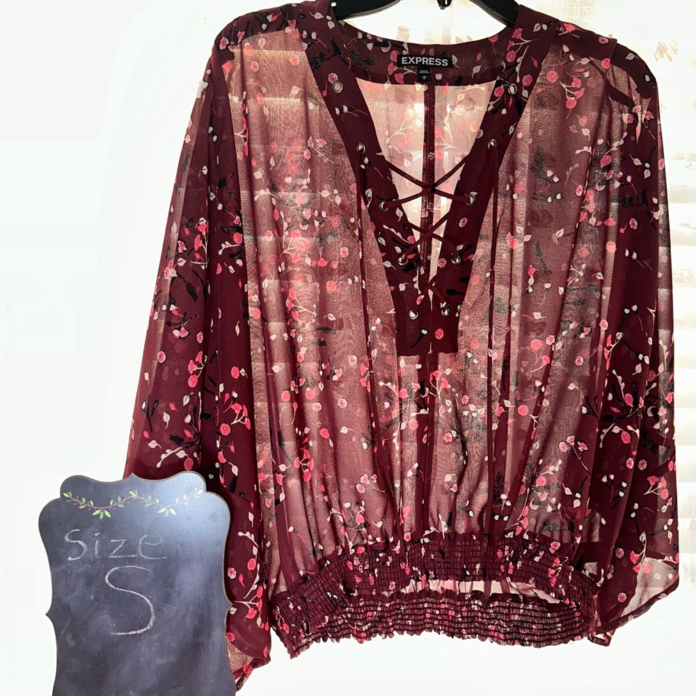 Express dressy flowy sleeves/lace up v-neck size Small color Maroon w flowers